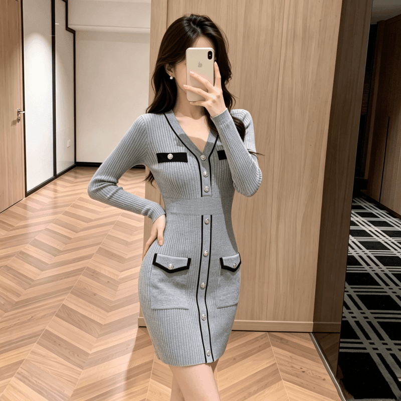 한국 품격 명문 여성 바 서울 남자 홍콩 스타일 ol 작은 키 니트 스웨터 드레스 가을 겨울 작은 샤넬 스타일 타이트 스커트 상세 이미지 4