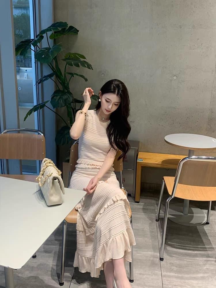 이른 가을 한국 무거운 작업 천 금빛 바람 프릴 패치워크 니트 인사이드 가져 가라. 드레스 복장 작은 샤넬 스타일 롱 코트 롱 스커트 상세 이미지 5