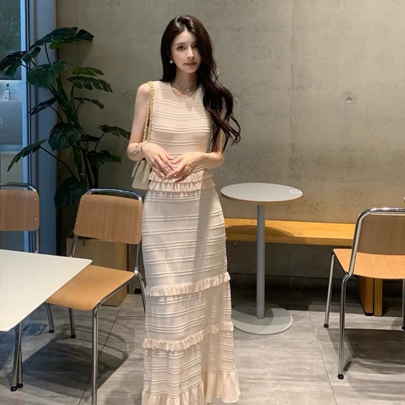이른 가을 한국 무거운 작업 천 금빛 바람 프릴 패치워크 니트 인사이드 가져 가라. 드레스 복장 작은 샤넬 스타일 롱 코트 롱 스커트 상세 이미지 6