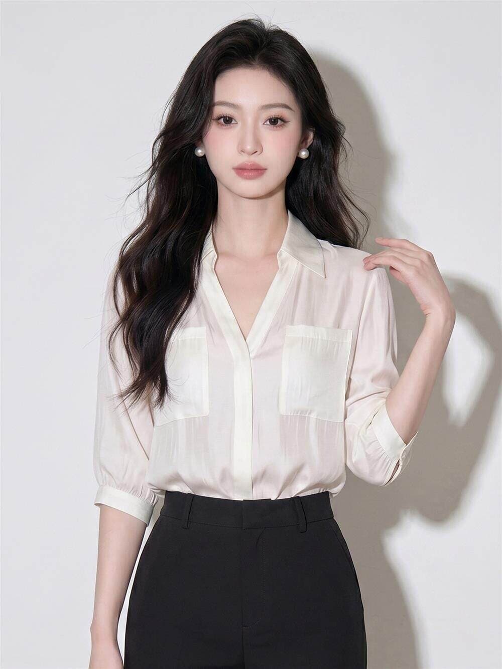 7부 소매 V넥 쉬폰 여성 셔츠 여름 프랑스식 고유 한 아름다운 자이언트 잘 생긴 Chic 맨위
