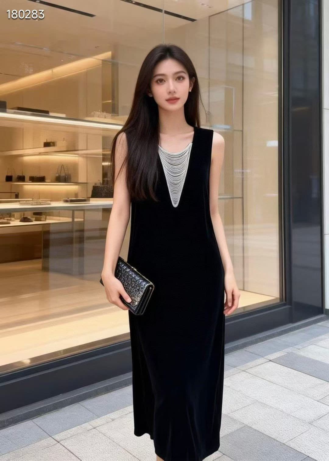 좋은 착용 품격 아니 투쟁 V넥 민소매 실크 벨벳 트임 여성 드레스 여름 섹션 조끼 스커트 상세 이미지 4