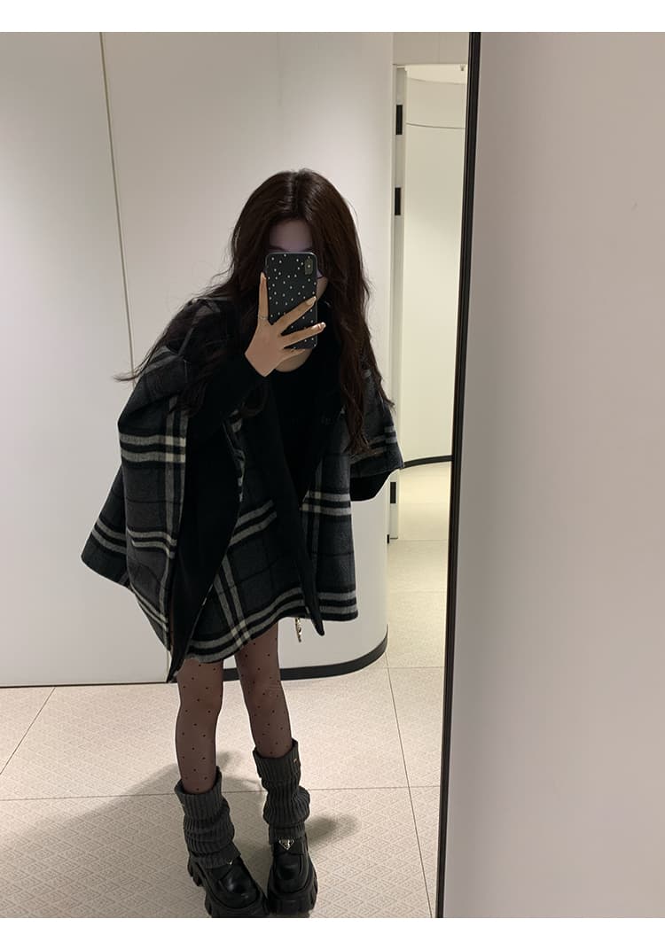 1개 다곤 1z1zgun De 루 Na 소녀 오리지널 양성 및 음성 둘 착용 분위기 센스 체크무늬 후드 망토 양모 코트 이미지 4