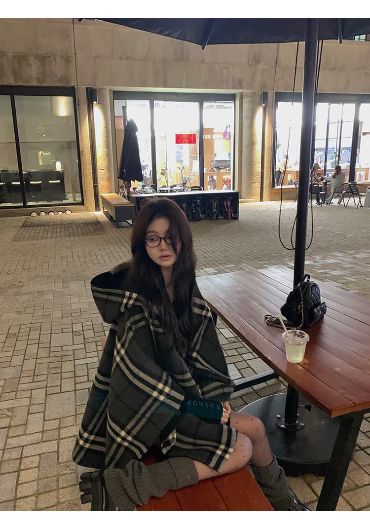 1개 다곤 1z1zgun De 루 Na 소녀 오리지널 양성 및 음성 둘 착용 분위기 센스 체크무늬 후드 망토 양모 코트 이미지 2