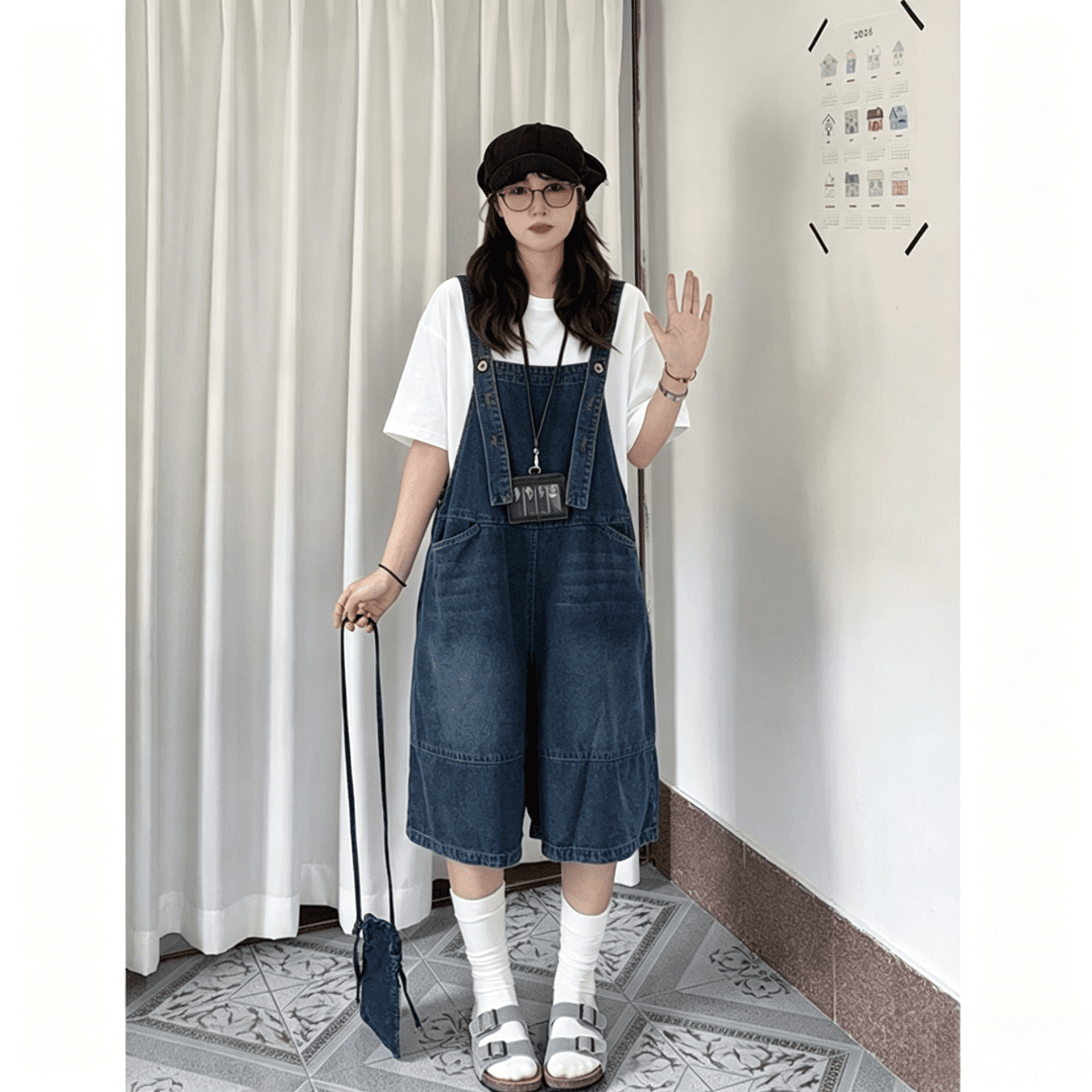 레트로 파란색 7 점 데님 멜빵 바지 세트 여성 2026 여름 새로운 작은 키 게으른 바람 와이드 레깅스 바지 상세 이미지 3