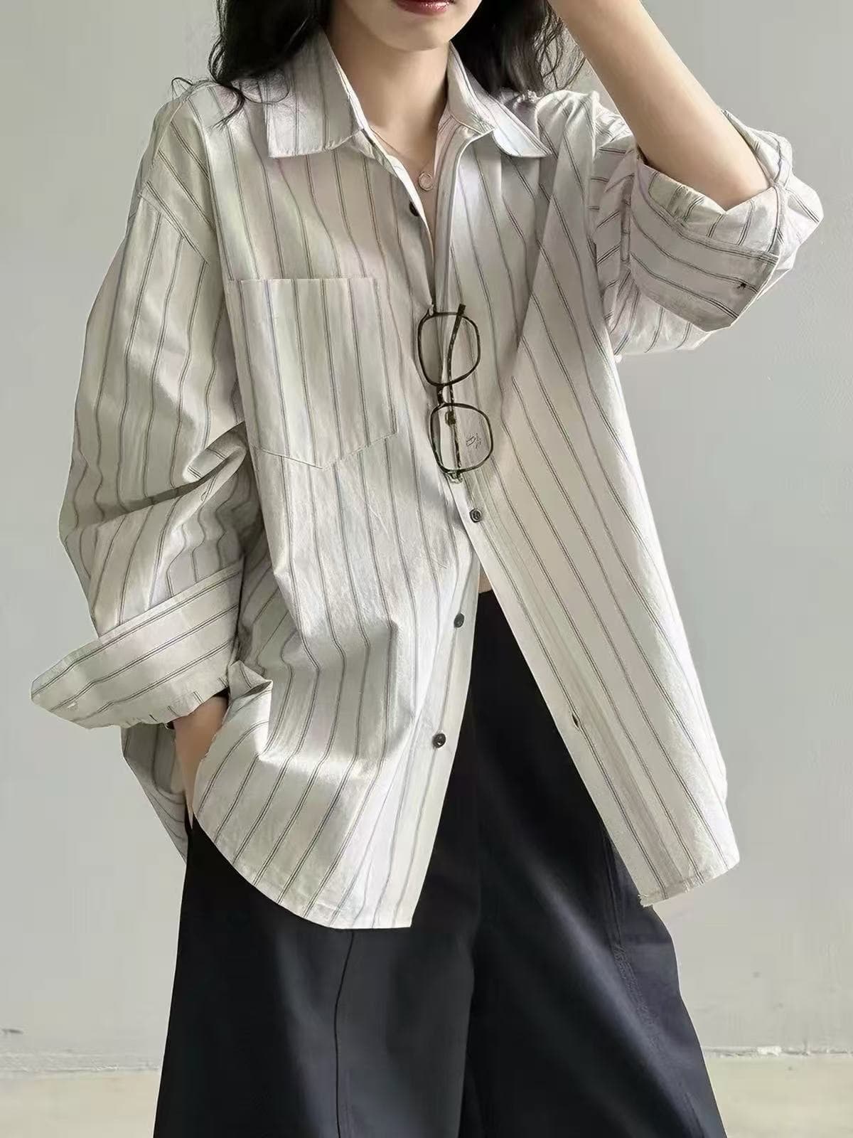 일본식 레트로 해군 스트라이프 긴팔 여성 셔츠 봄 가을 디자인 센스 루즈핏 캐주얼 다용도 셔츠 출퇴근 맨위 상세 이미지 3