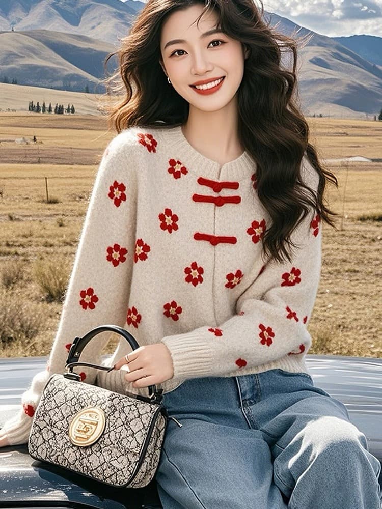 새로운 중식 국풍 빨간색 꽃 스웨터 여자 가을 겨울철 무거운 작업 작은 셔츠 인사이드 가져 가라. 고유 한 아름다운 니트 맨위