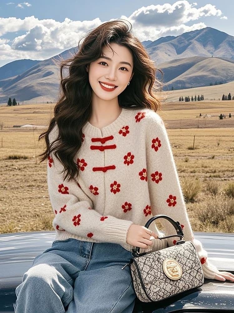 새로운 중식 국풍 빨간색 꽃 스웨터 여자 가을 겨울철 무거운 작업 작은 셔츠 인사이드 가져 가라. 고유 한 아름다운 니트 맨위 이미지 3