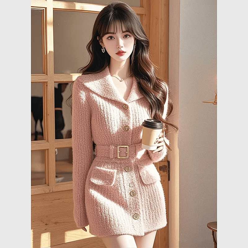 작은 샤넬 스타일 핑크색 니트 드레스 아이들 겨울 고급 센스 명문 여성 빛 럭셔리 허리 수축 프랑스식 품격 스웨터 드레스