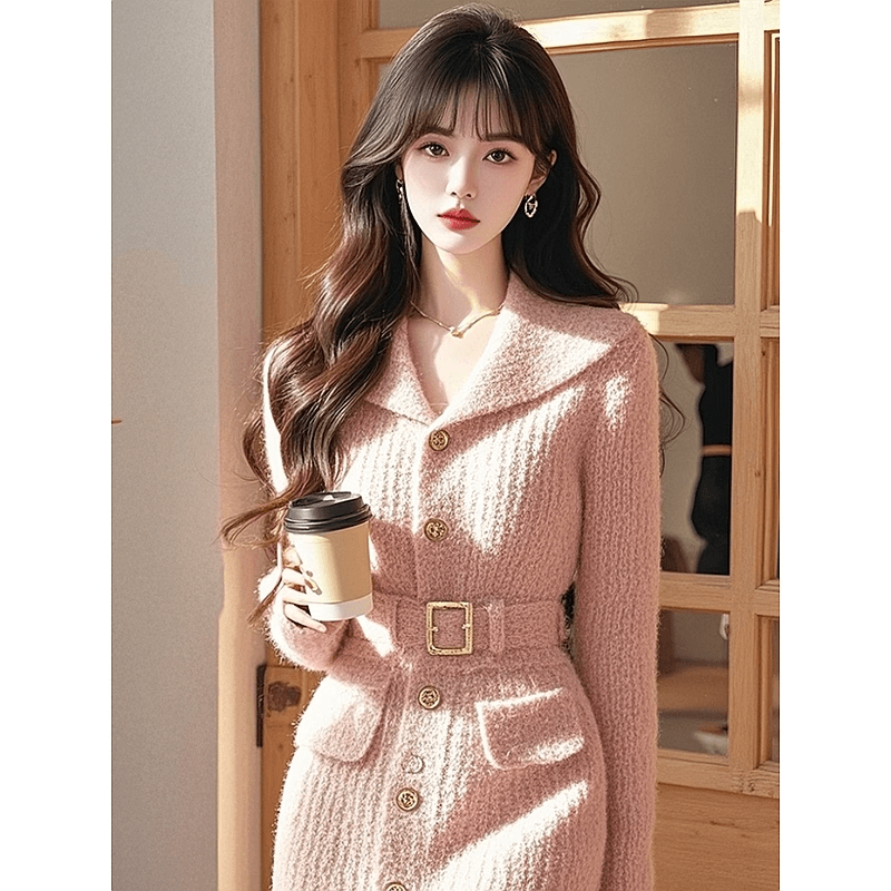 작은 샤넬 스타일 핑크색 니트 드레스 아이들 겨울 고급 센스 명문 여성 빛 럭셔리 허리 수축 프랑스식 품격 스웨터 드레스 이미지 3