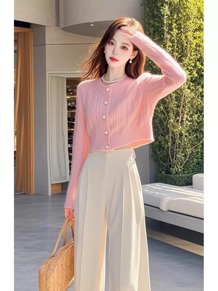 가을 착용 가져 가라. 전체 집합 아름다운 여성 의류 고급 패션 품격 작은 샤넬 스타일 핑크색 스웨터 니트 바지 세트 이미지 2