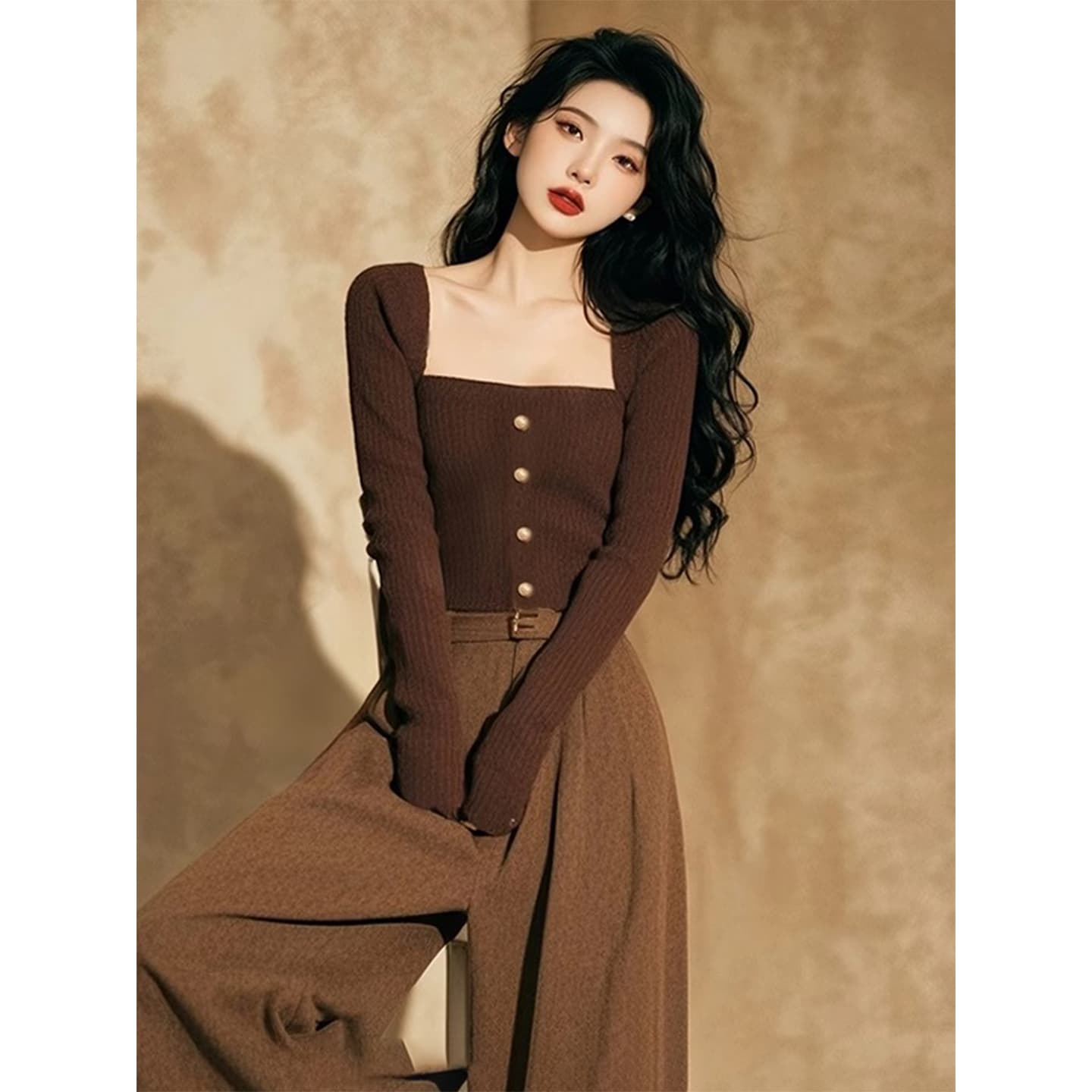 가을 겨울 Chic 달콤한 핫걸 광장 칼라 쇄골 스웨터 니트 기본 셔츠 여성 인사이드 가져 가라. 디자인 센스 몸매 가꾸기 긴팔 맨위 이미지 4
