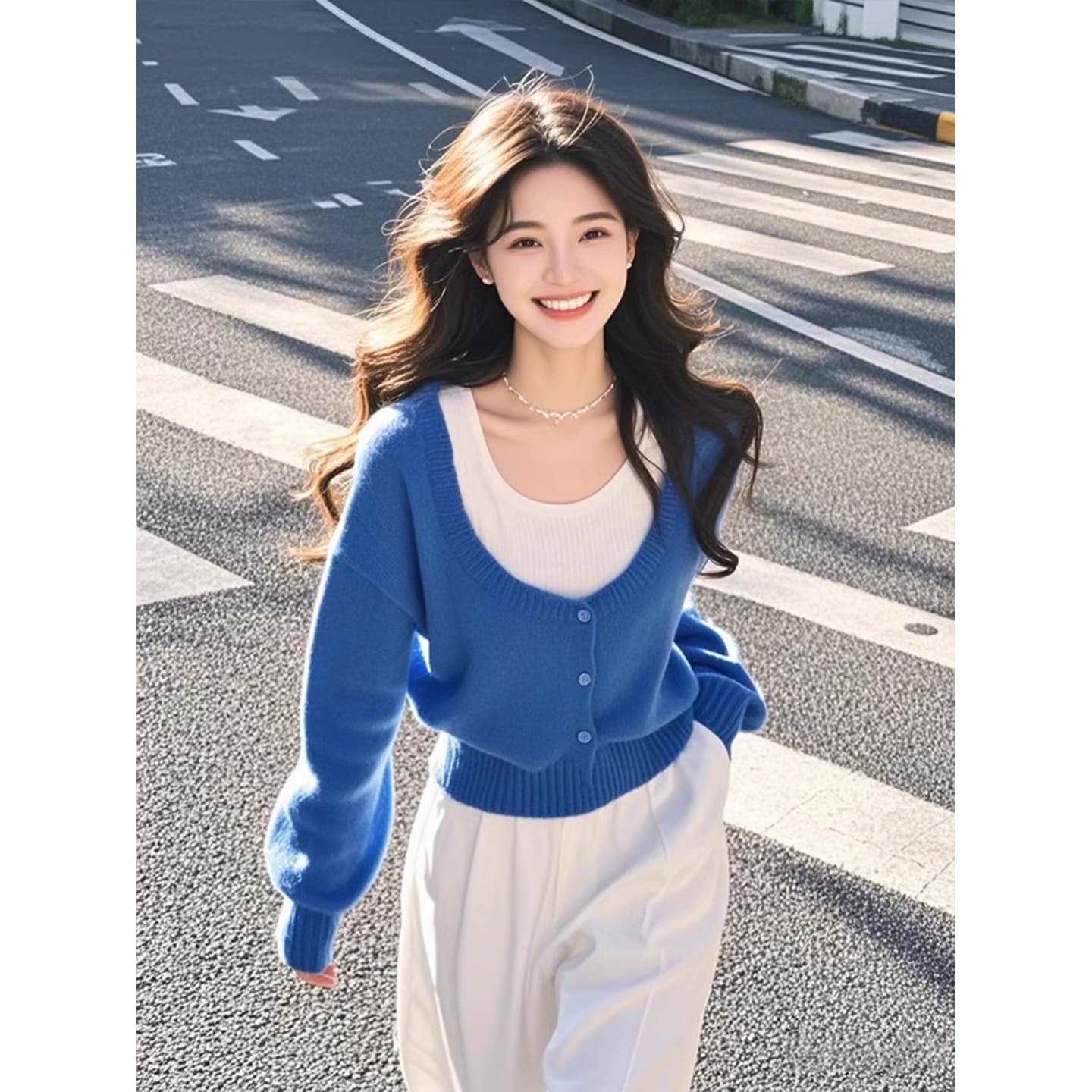 외국 가스 연령 감소 페이크 레이어드 파란색 맨위 여성 가을 새로운 긴팔 니트 스웨터 올해 인기 ~ 중 아름다운 작은 셔츠 상세 이미지 4