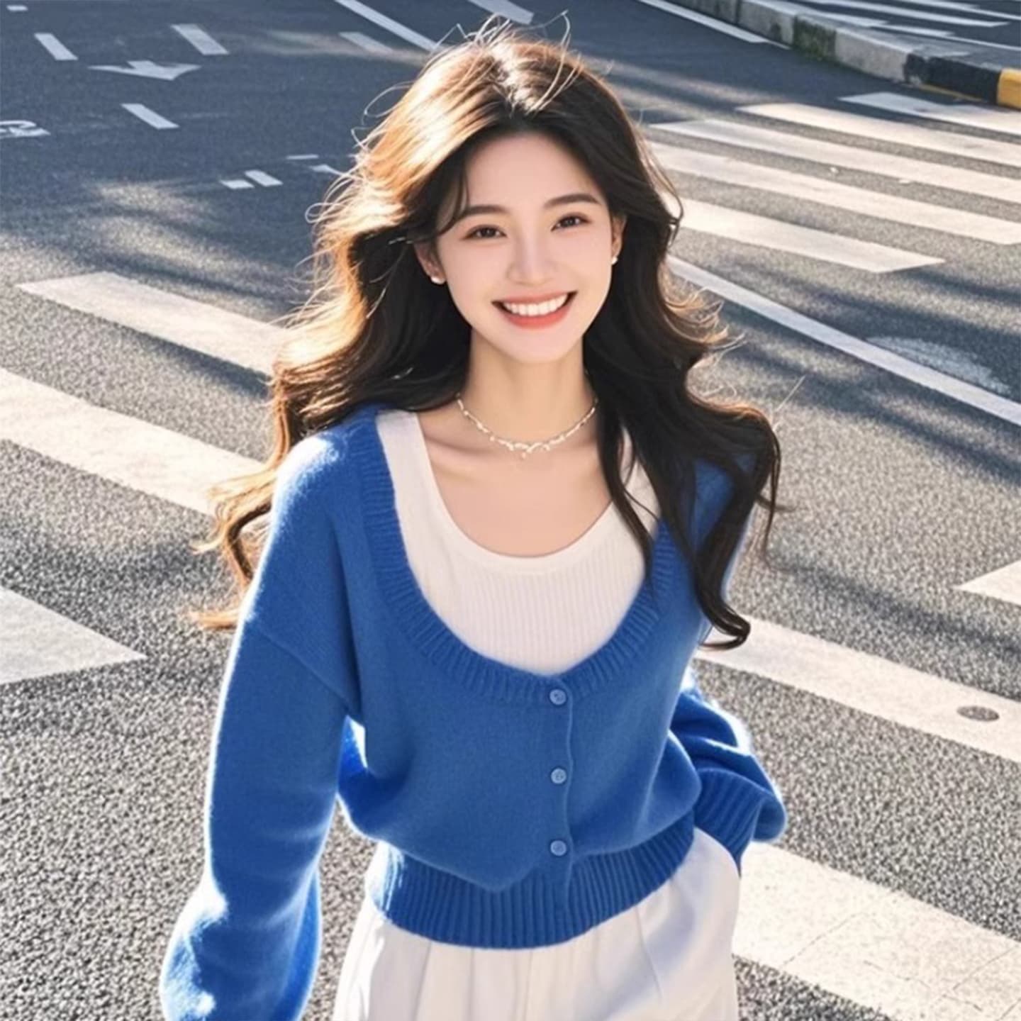 외국 가스 연령 감소 페이크 레이어드 파란색 맨위 여성 가을 새로운 긴팔 니트 스웨터 올해 인기 ~ 중 아름다운 작은 셔츠 상세 이미지 6