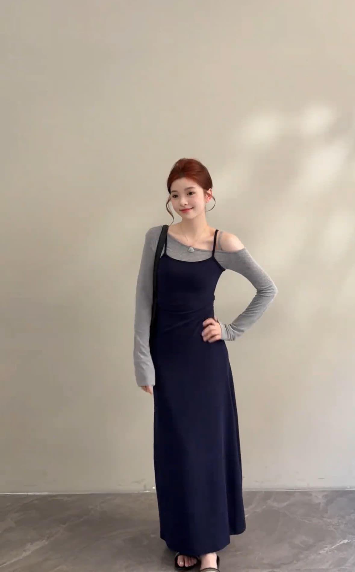 노래 송 이른 가을 새로운 작은 대중 배색 허리 수축 슬림해 보이는 품격 페이크 레이어드 긴팔 슬립 드레스 상세 이미지 2