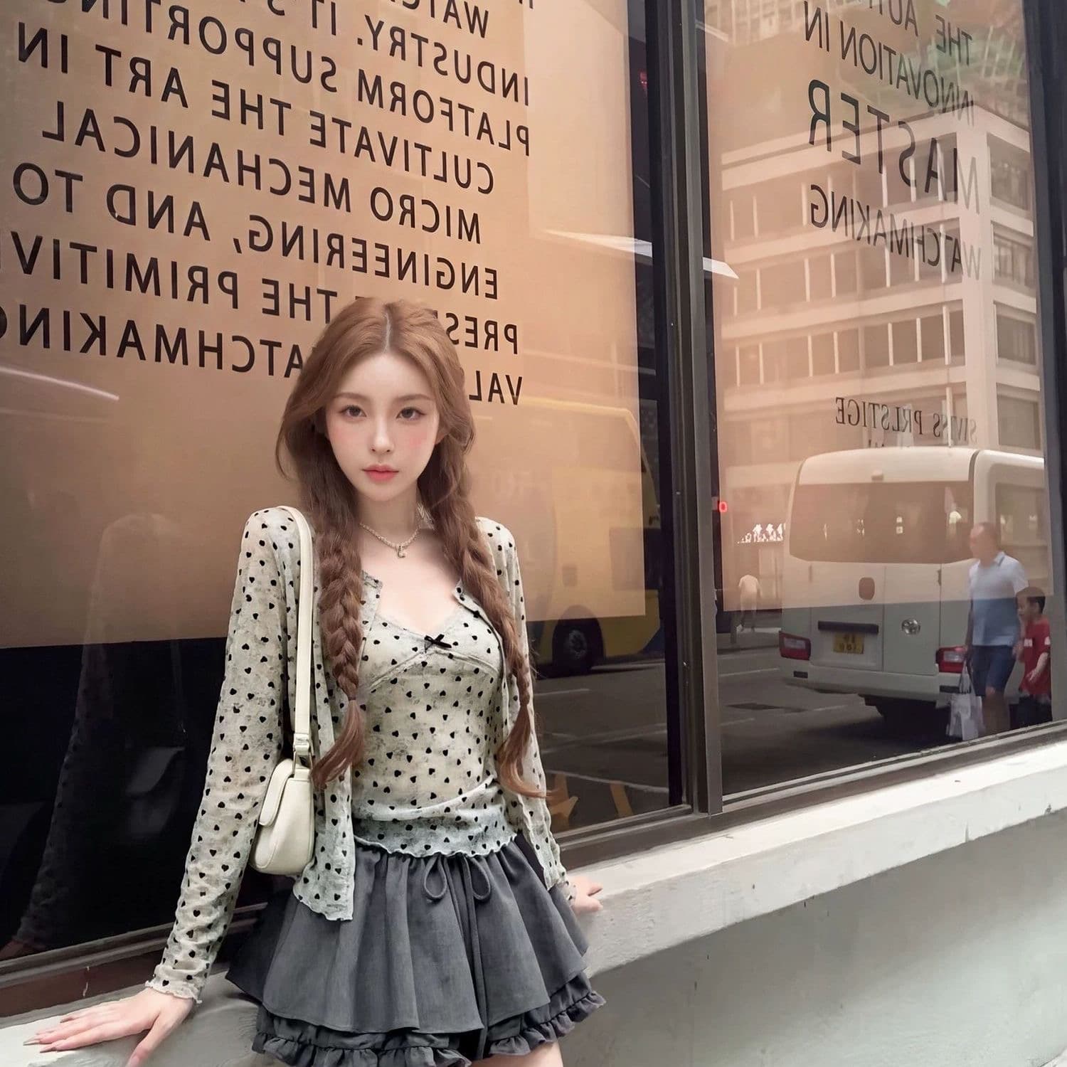레트로 소녀 바람 하트 도트 무늬 오픈 가디건 슬립 플리츠 치마바지 세 조각 여성 세트 가을 새로운 순수한 욕망 슬림해 보이는 착용 가져 가라. 이미지 2