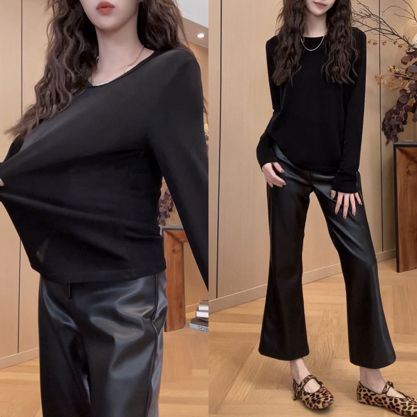 벨벳 자수 슬립 드레스 2026 이른 봄 새로운 다용도 캐주얼 드레스 기본 셔츠 가죽 바지 3종 세트 세트 상세 이미지 1