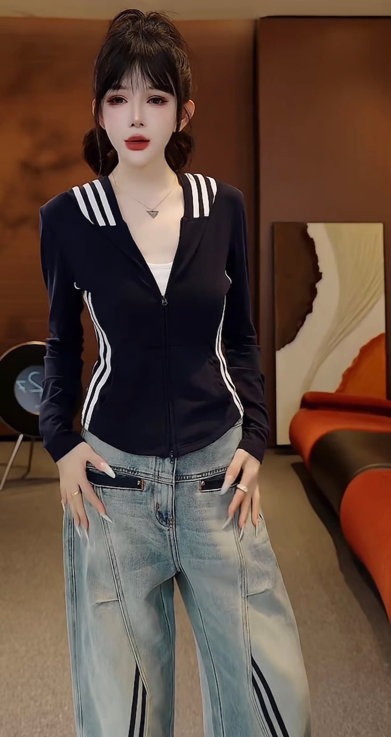 이른 가을 새로운 후드 스트라이프 배색 더블 지퍼 얇은 스타일 재킷 t 상세 이미지 3