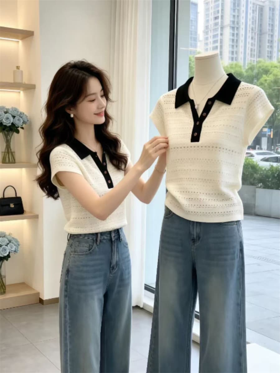 여름 새로운 한 부서 패션 품격 고급 슬림해 보이는 폴로 칼라 반팔 니트 티셔츠 홀로우 아웃 맨위 여성 의류 폭발 상세 이미지 5
