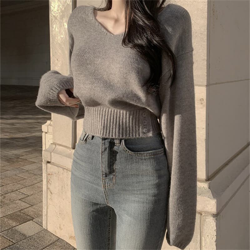 한국 chic 가을 레트로 품격 V넥 부서 버클 허리 수축 슬림해 보이는 다용도 긴팔 니트 스웨터 풀오버 스웨터 여자 상세 이미지 5