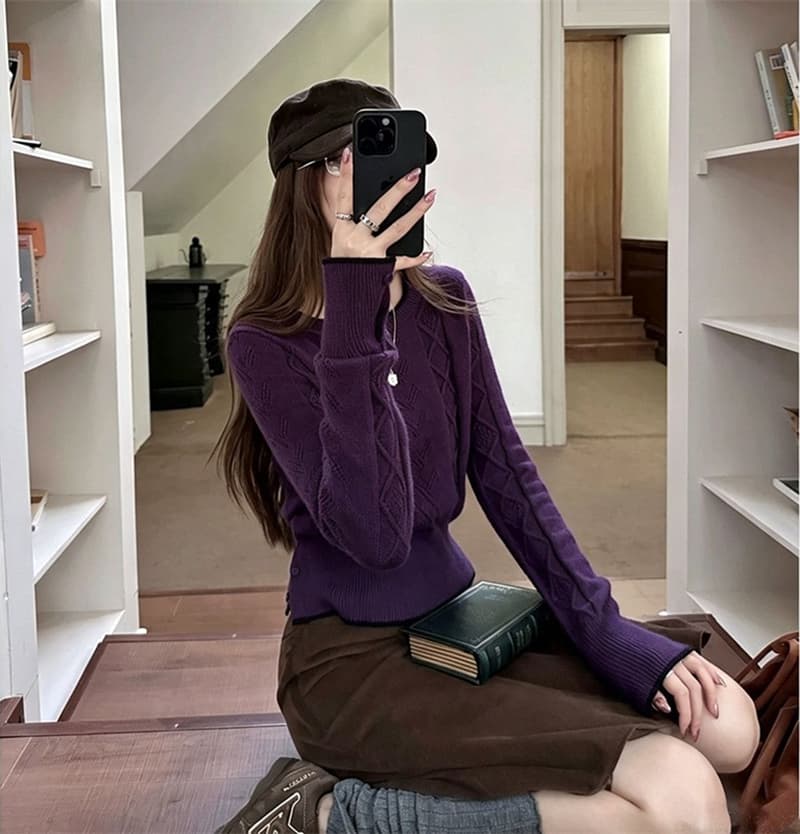 가을 겨울 새로운 한 부서 디자인 센스 배색 홀로우 아웃 긴팔 니트 스웨터 여성 인사이드 가져 가라. 슬림해 보이는 풀오버 맨위 여성 이미지 3