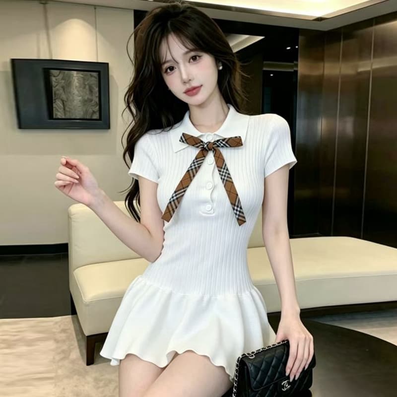 영국식 학원 스타일 POLO 칼라 나비 매듭 니트 여성 드레스 여름 화이트 반팔 달콤함 천 금빛 바람 미니 스커트 상세 이미지 5