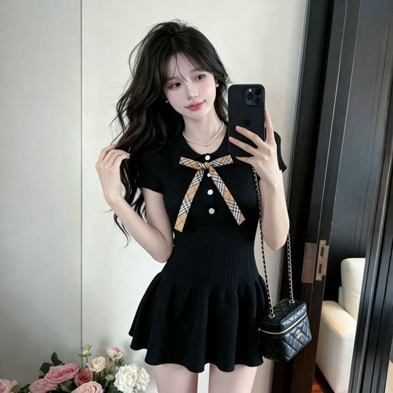 영국식 학원 스타일 POLO 칼라 나비 매듭 니트 여성 드레스 여름 화이트 반팔 달콤함 천 금빛 바람 미니 스커트 상세 이미지 6