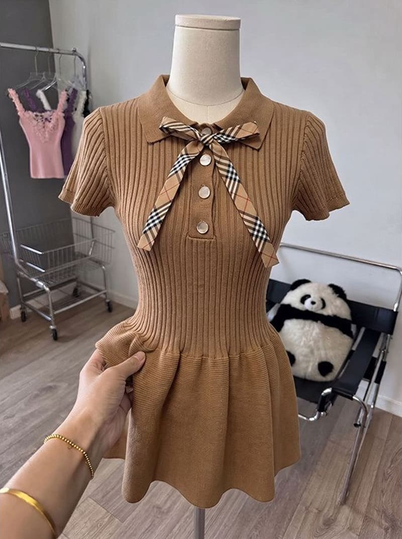 영국식 학원 스타일 POLO 칼라 나비 매듭 니트 여성 드레스 여름 화이트 반팔 달콤함 천 금빛 바람 미니 스커트 상세 이미지 9