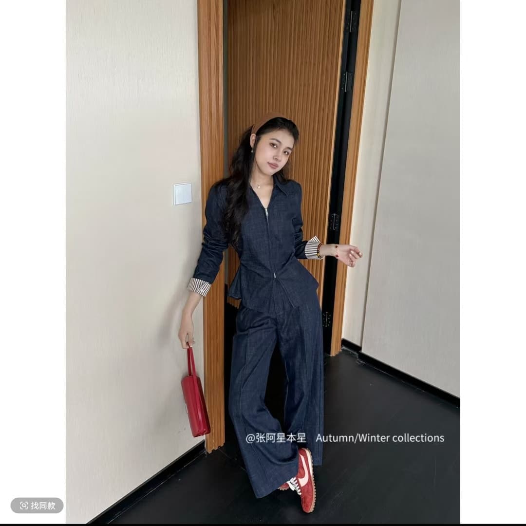 장 A 스타 데님 도시 레트로 캐주얼 라이 경기 서울 면 지퍼 셔츠 하이웨이스트 스트레이트 팬츠 세트