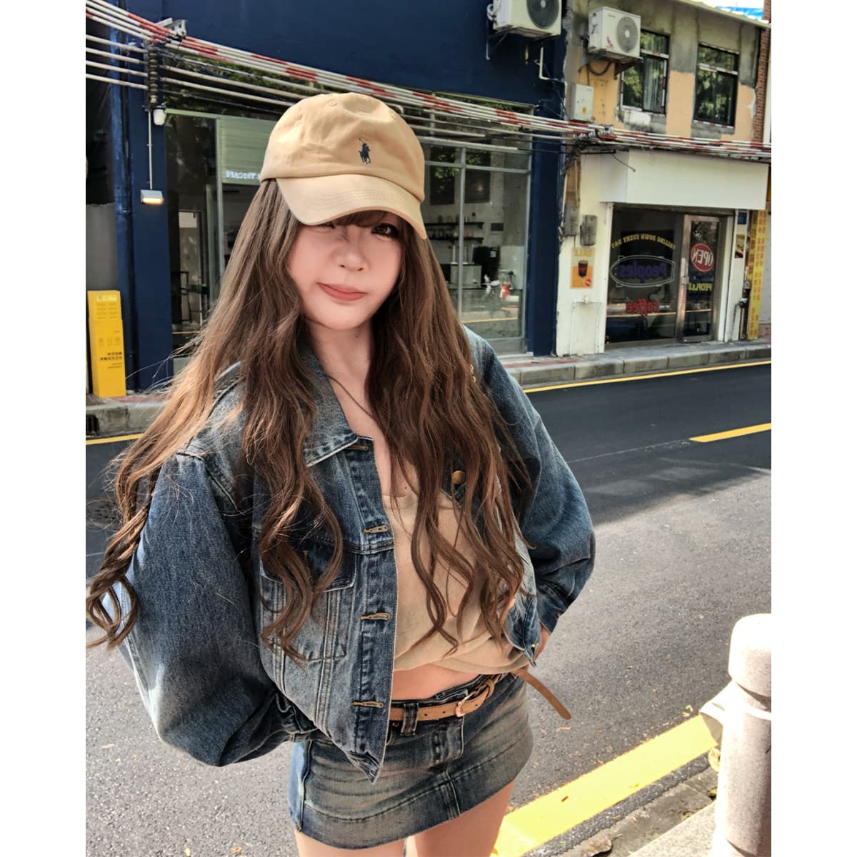 달콤한 차가운 레트로 스타일 워싱 데님 여성 코트 봄 가을 새로운 맨위 반신 치마 세트 상세 이미지 1