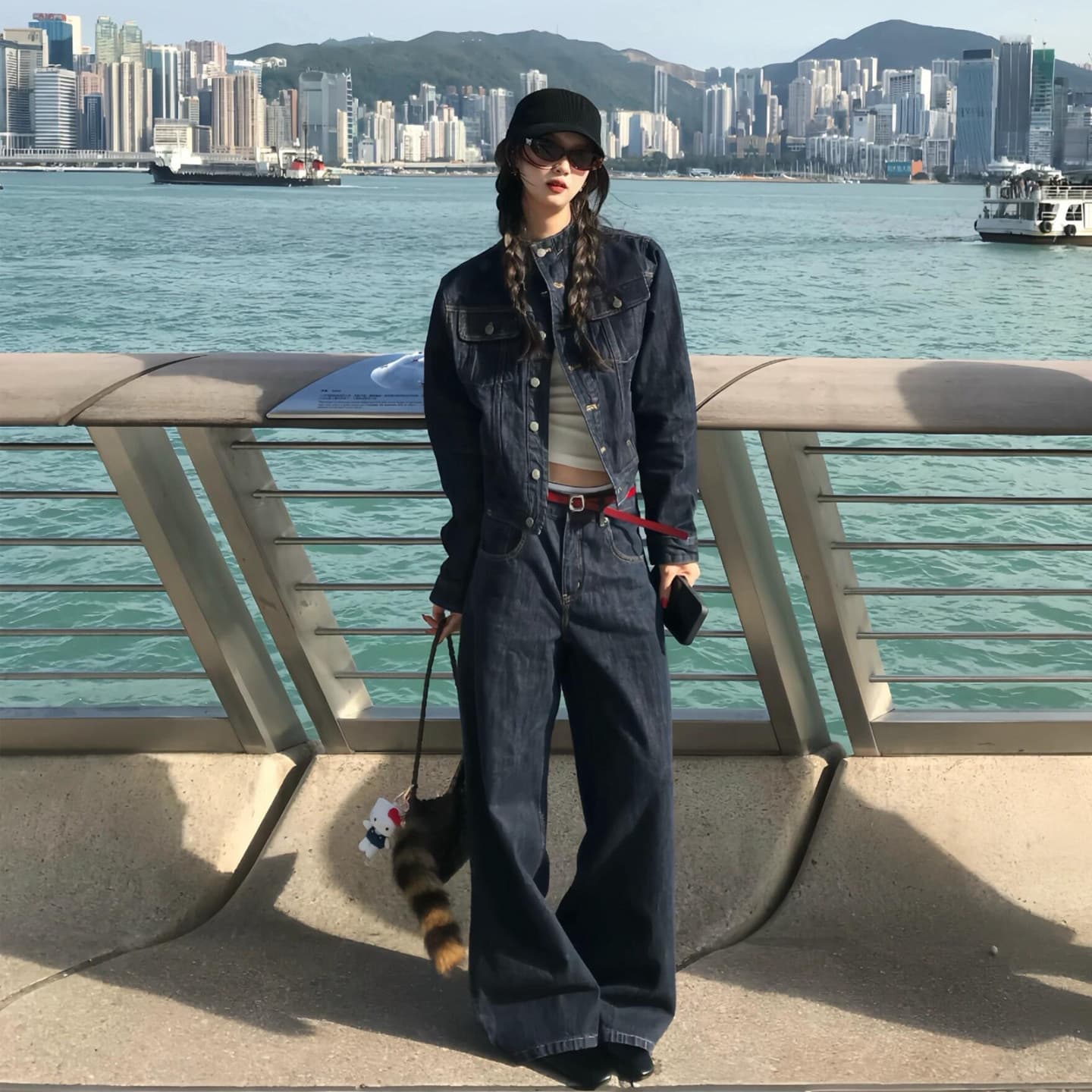 레트로 데님 세트 여성 가을 투피스 세트 하이웨이스트 긴 바지 허리 수축 재킷 자이언트 잘 생긴 ~ 중 착용 가져 가라. 전체 집합