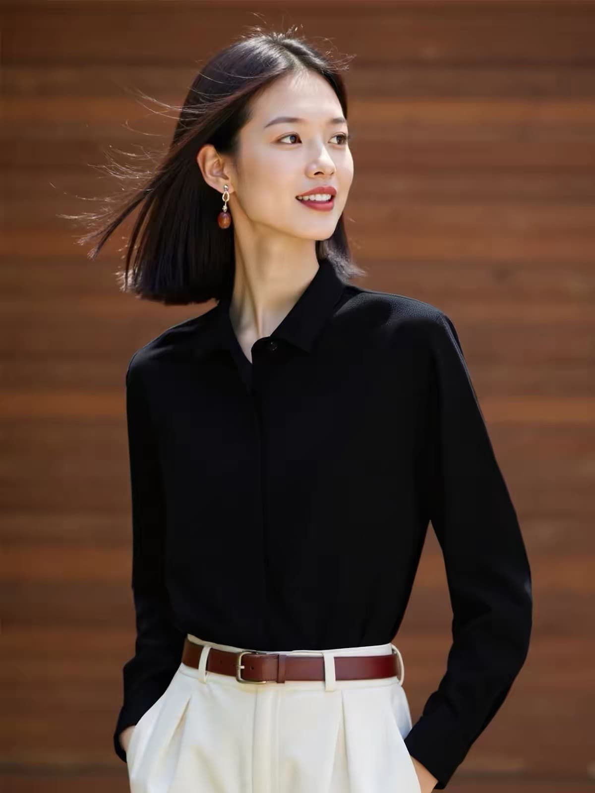 가을 겨울 출퇴근 검정색 순면 긴팔 여성 셔츠 2026 가을 슈퍼 화재 스택 착용 셔츠 상세 이미지 1
