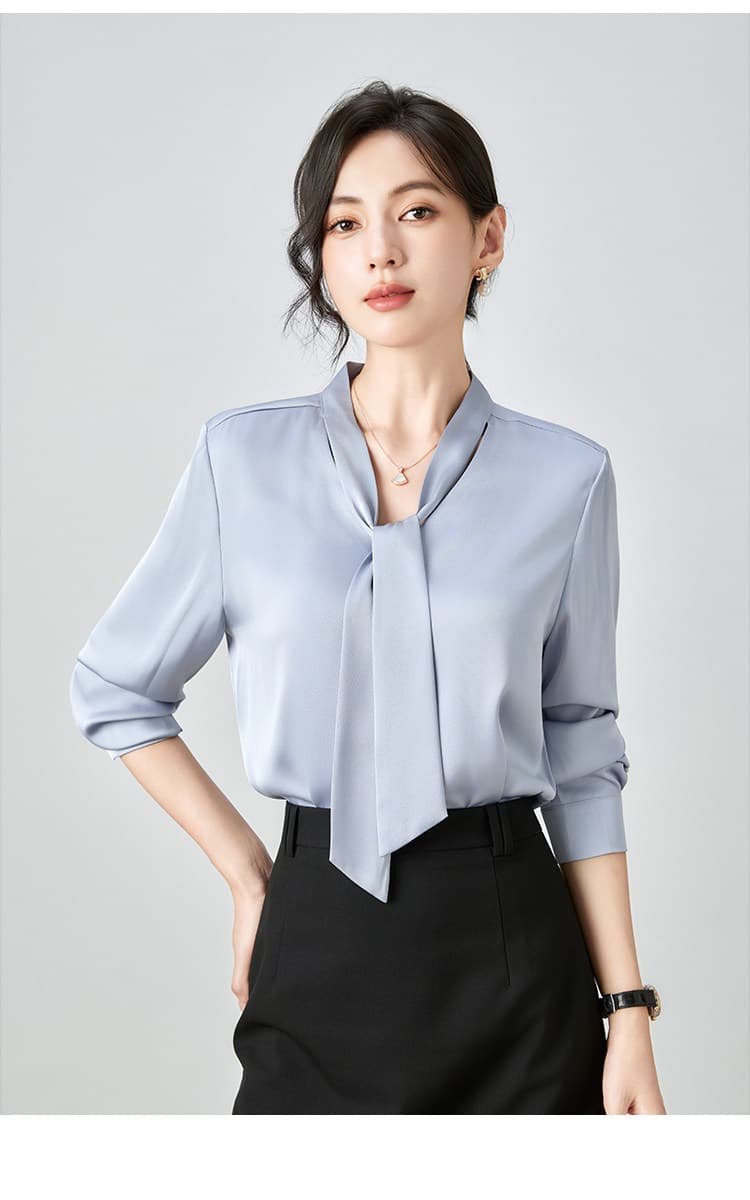봄 가을 겨울 고급 센스 회색 핑크색 아세트산 새틴 V넥 리본 경력 여성 셔츠 출퇴근 긴팔 셔츠 인사이드 가져 가라. 이미지 4