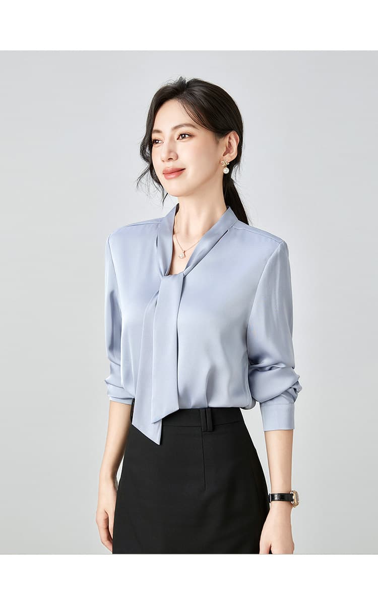 봄 가을 겨울 고급 센스 회색 핑크색 아세트산 새틴 V넥 리본 경력 여성 셔츠 출퇴근 긴팔 셔츠 인사이드 가져 가라. 상세 이미지 13