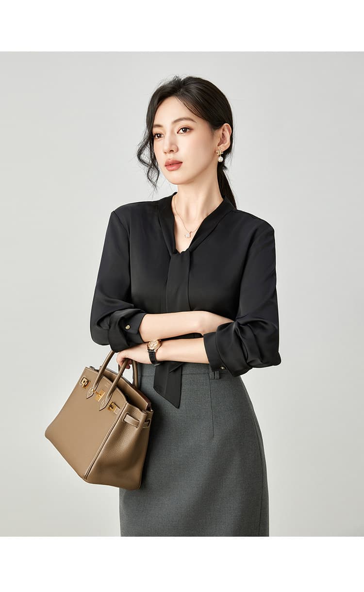 봄 가을 겨울 고급 센스 회색 핑크색 아세트산 새틴 V넥 리본 경력 여성 셔츠 출퇴근 긴팔 셔츠 인사이드 가져 가라. 상세 이미지 19