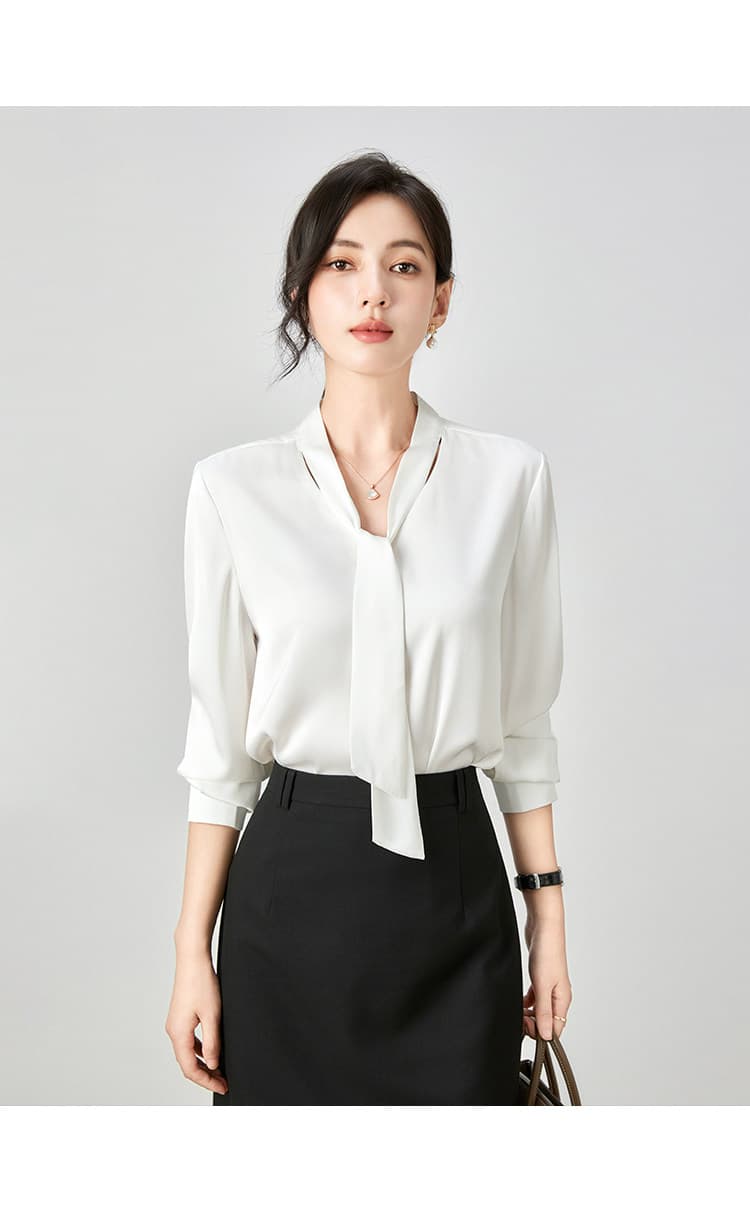 봄 가을 겨울 고급 센스 회색 핑크색 아세트산 새틴 V넥 리본 경력 여성 셔츠 출퇴근 긴팔 셔츠 인사이드 가져 가라. 상세 이미지 26