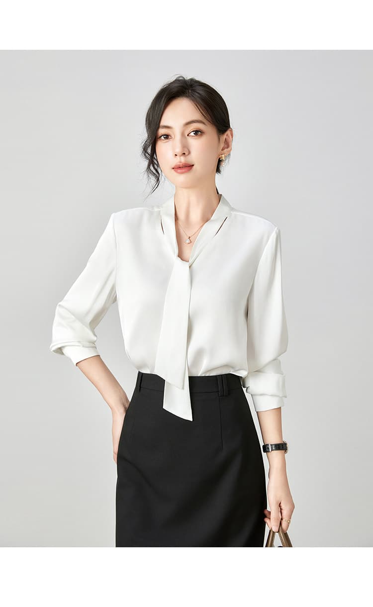 봄 가을 겨울 고급 센스 회색 핑크색 아세트산 새틴 V넥 리본 경력 여성 셔츠 출퇴근 긴팔 셔츠 인사이드 가져 가라. 상세 이미지 27