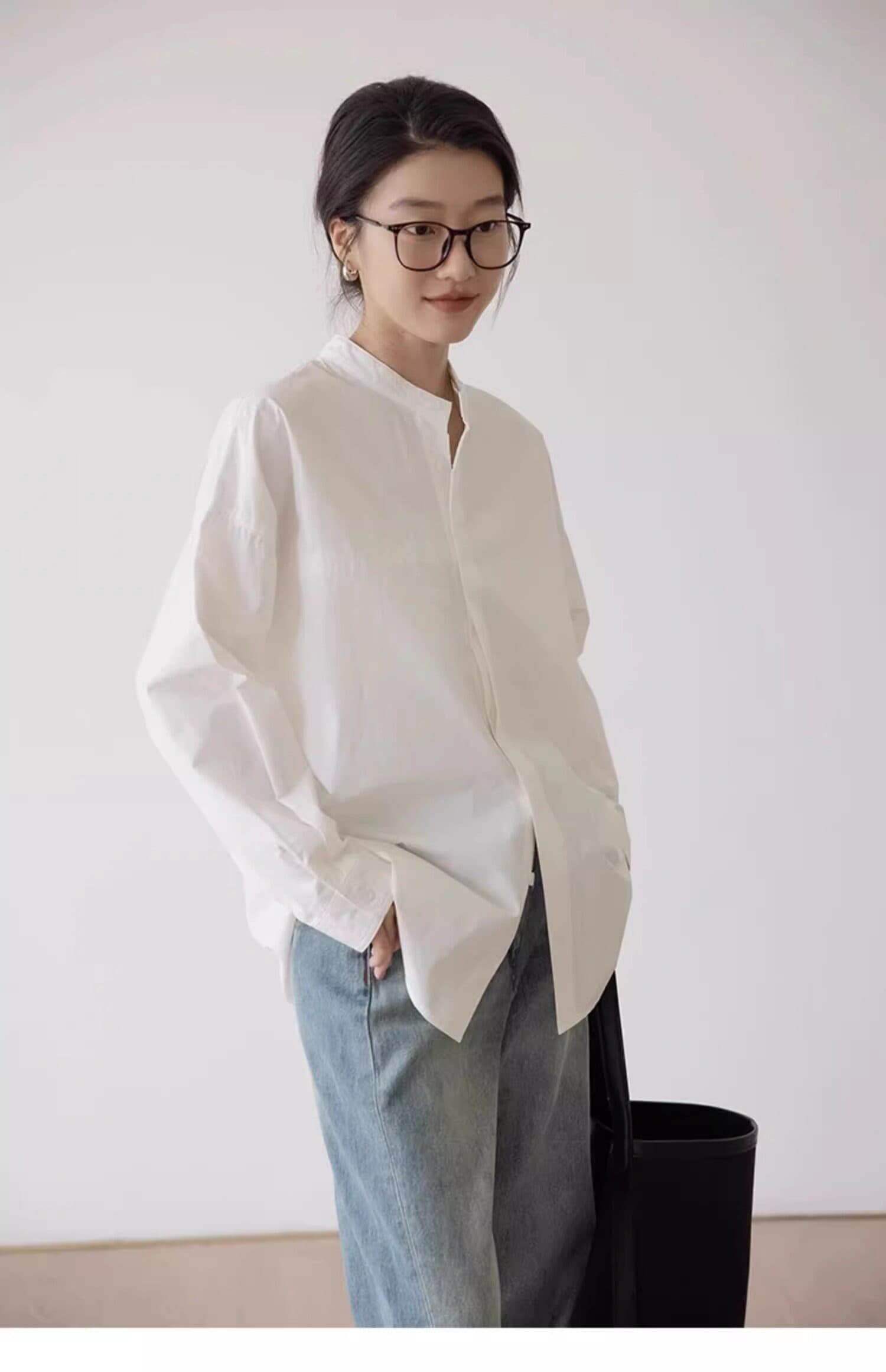 캐주얼 라운드 넥 스탠드 칼라 화이트 여성 셔츠 봄 가을 고급 센스 루즈핏 순면 셔츠 고유 한 슈퍼 잘 생긴 없음 칼라 맨위 상세 이미지 6