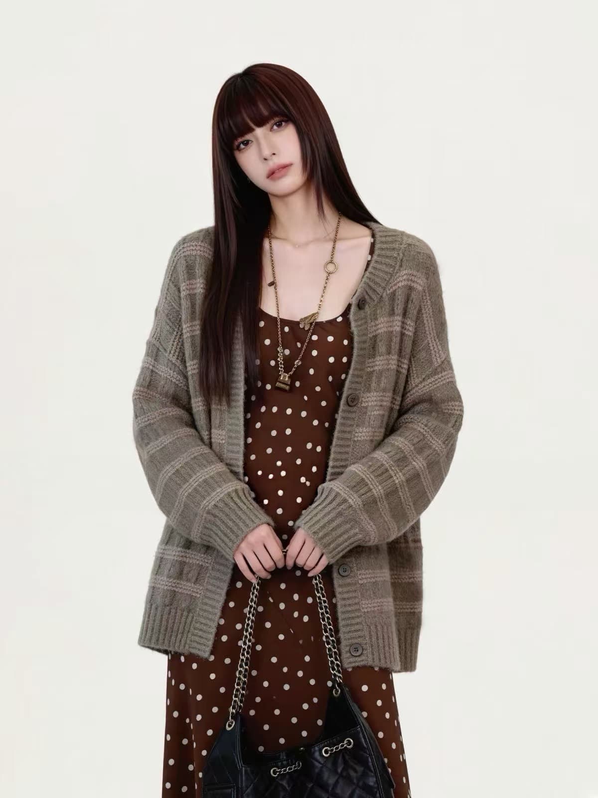 followqueen 후아 남편 그리드 질감 니트 오픈 가디건 여성 가을 분위기 센스 루즈핏 느긋한 부드러운 찹쌀 스웨터 코트 상세 이미지 4