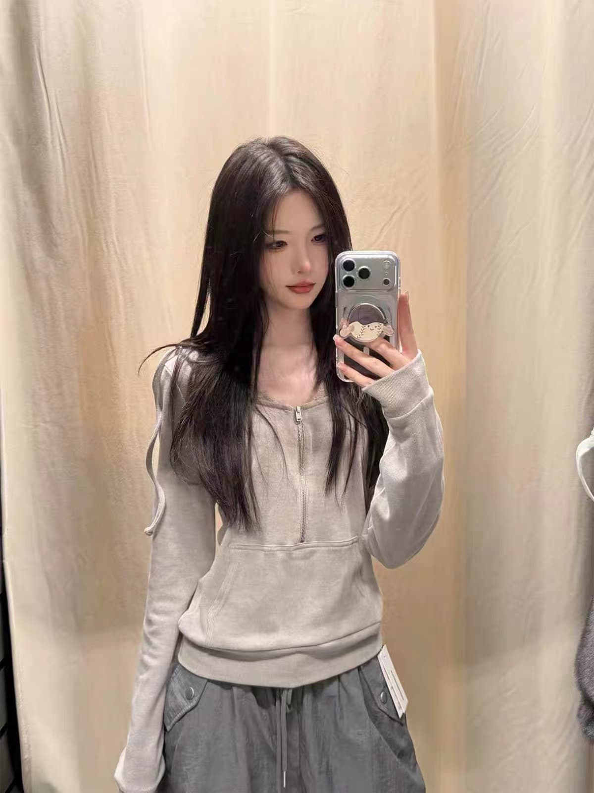 wm 경관 인터넷 새로운 후드 페이크 레이어드 지퍼 긴팔 티셔츠 여성 bm 회색 레이스 조각 순수한 욕망 후드티 맨위 이미지 2