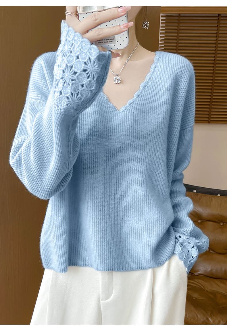 무거운 작업 홀로우 아웃 셔츠 여성 가을 겨울 2024 새로운 V넥 루즈핏 느긋한 바람 니트 기본 셔츠 스웨터 상세 이미지 20