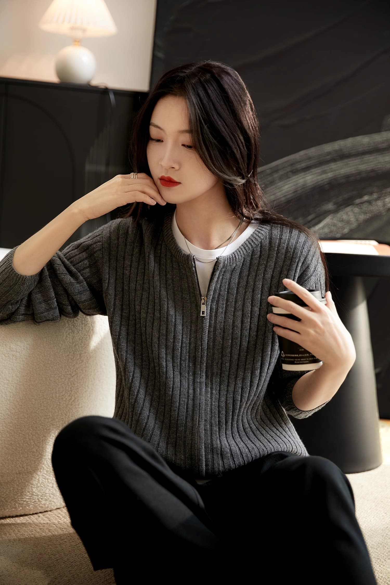 프랑스식 느긋한 양모 니트 스웨터 가을 라운드 넥 지퍼 스웨터 코트 루즈핏 다용도 편안함 긴팔 맨위 이미지 2