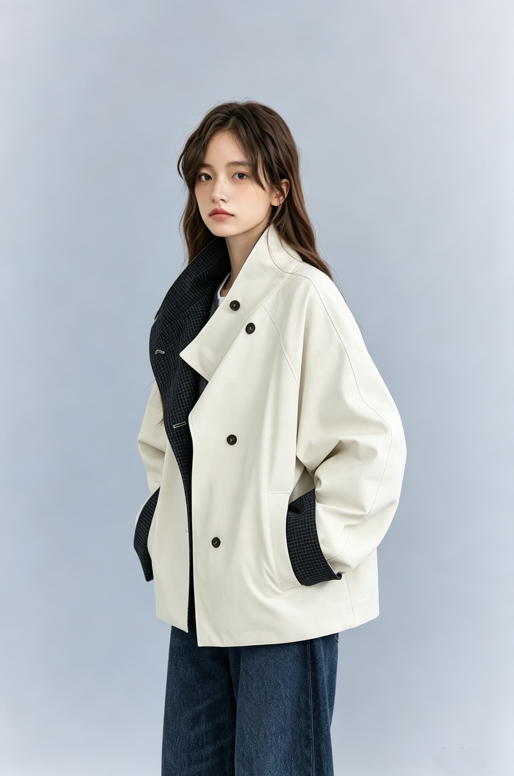 양면 웨어러블 배색 레트로 체크무늬 와 성별 가을 어깨 뒤집다 스탠드 칼라 짧은 바람막이 여성 코트 상세 이미지 7