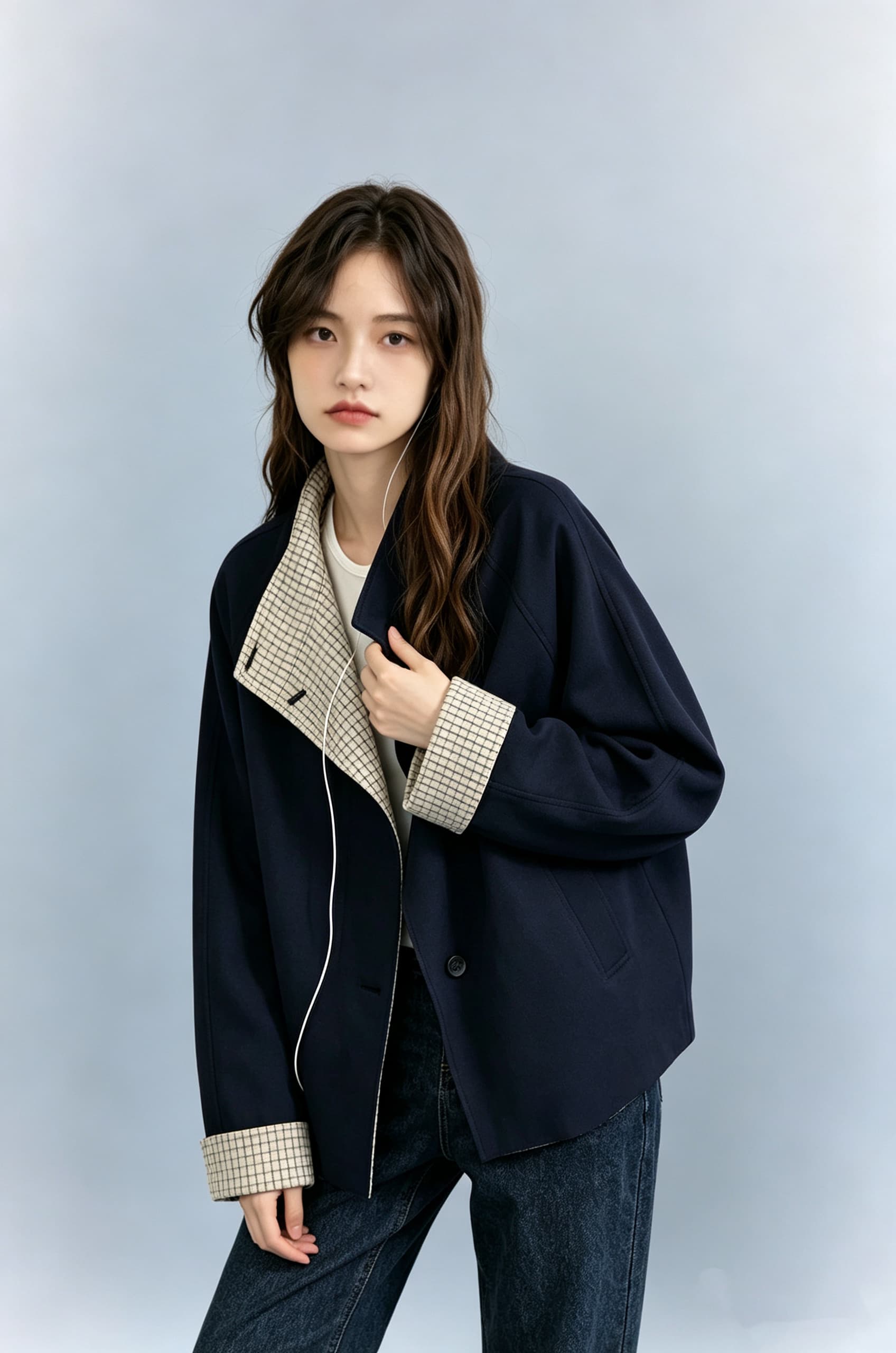 양면 웨어러블 배색 레트로 체크무늬 와 성별 가을 어깨 뒤집다 스탠드 칼라 짧은 바람막이 여성 코트 상세 이미지 13