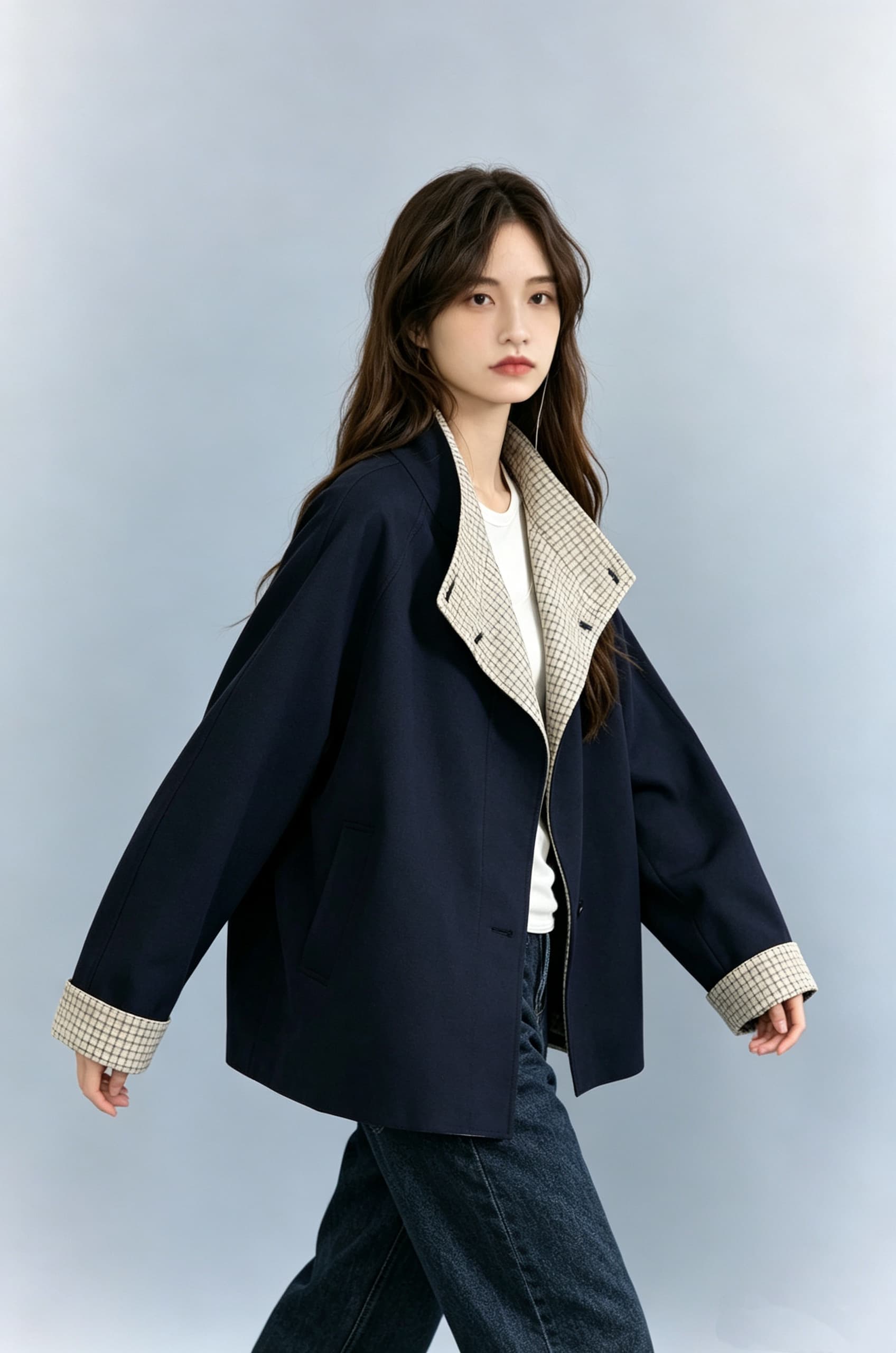 양면 웨어러블 배색 레트로 체크무늬 와 성별 가을 어깨 뒤집다 스탠드 칼라 짧은 바람막이 여성 코트 상세 이미지 14