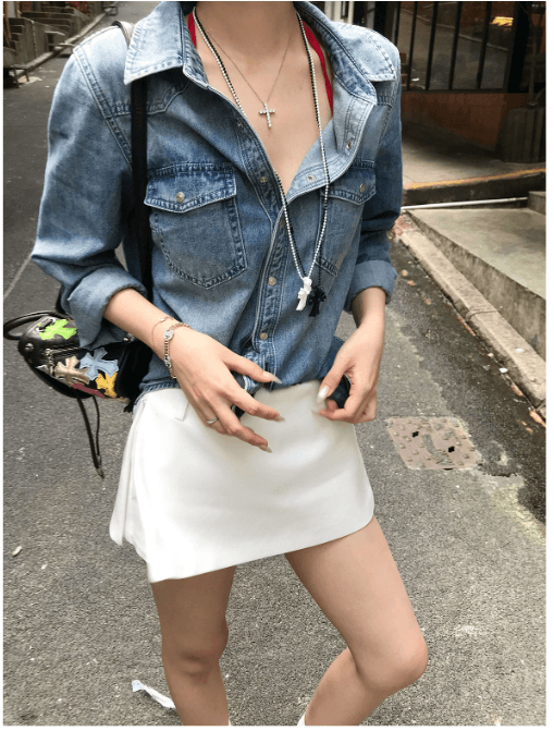 수정 에디션 2026 조기 가을철 실크 레트로 데님 맨위 여성 여름 단 닝 프로필 모양 와 성별 데님 셔츠 이미지 2