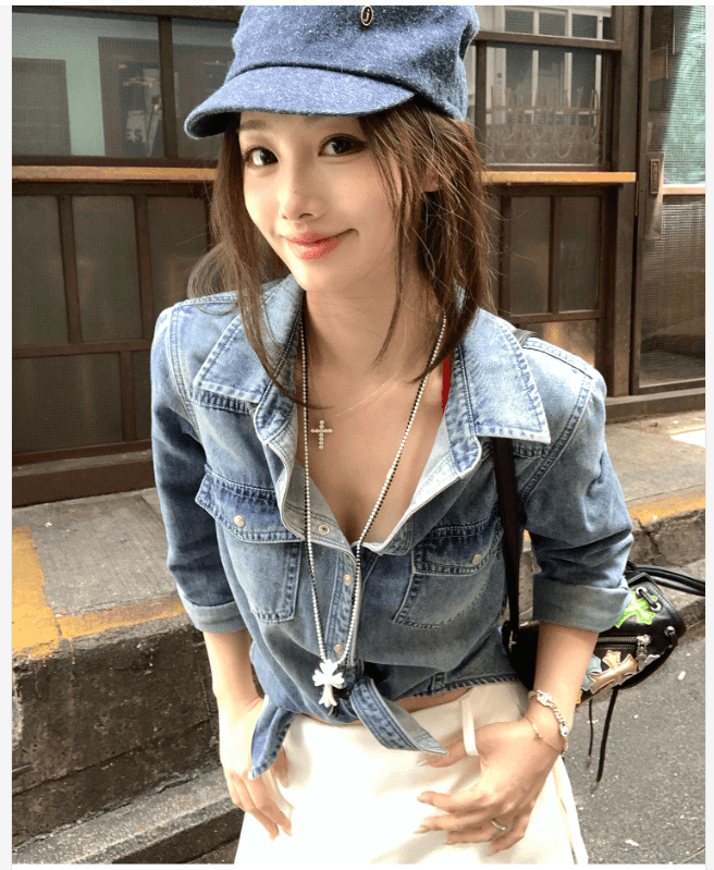 수정 에디션 2026 조기 가을철 실크 레트로 데님 맨위 여성 여름 단 닝 프로필 모양 와 성별 데님 셔츠 이미지 3