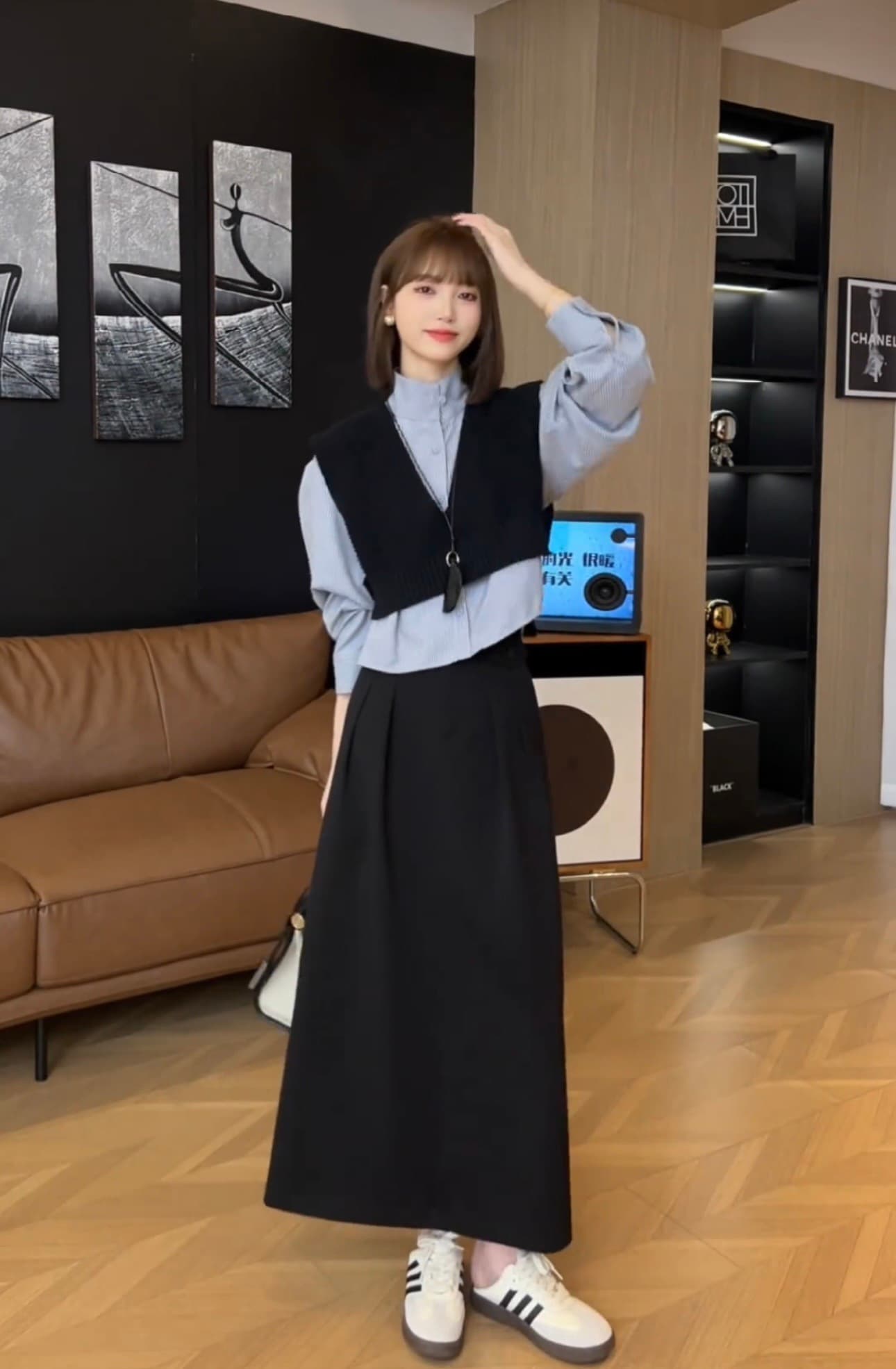 가을 루즈핏 슬림해 보이는 레트로 다용도 패션 외출용 니트 셔츠 세트 투피스 세트 상세 이미지 4