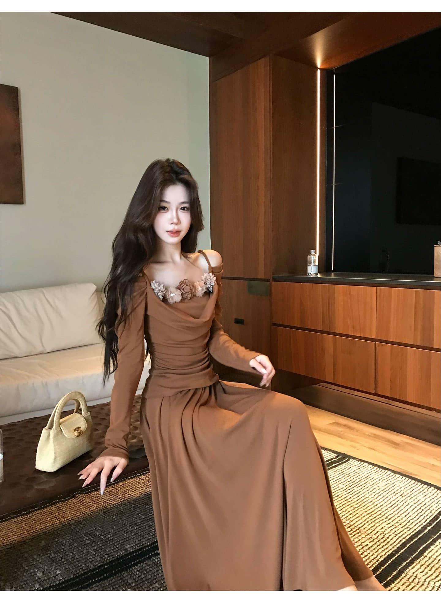 무쯔리 목자이 ~ 중 리 부드러운 레트로 스타일 긴팔 슬립 흔들다 칼라 니트 허리 수축 맨위 도루 센스 반신 치마 세트 가을 이미지 4