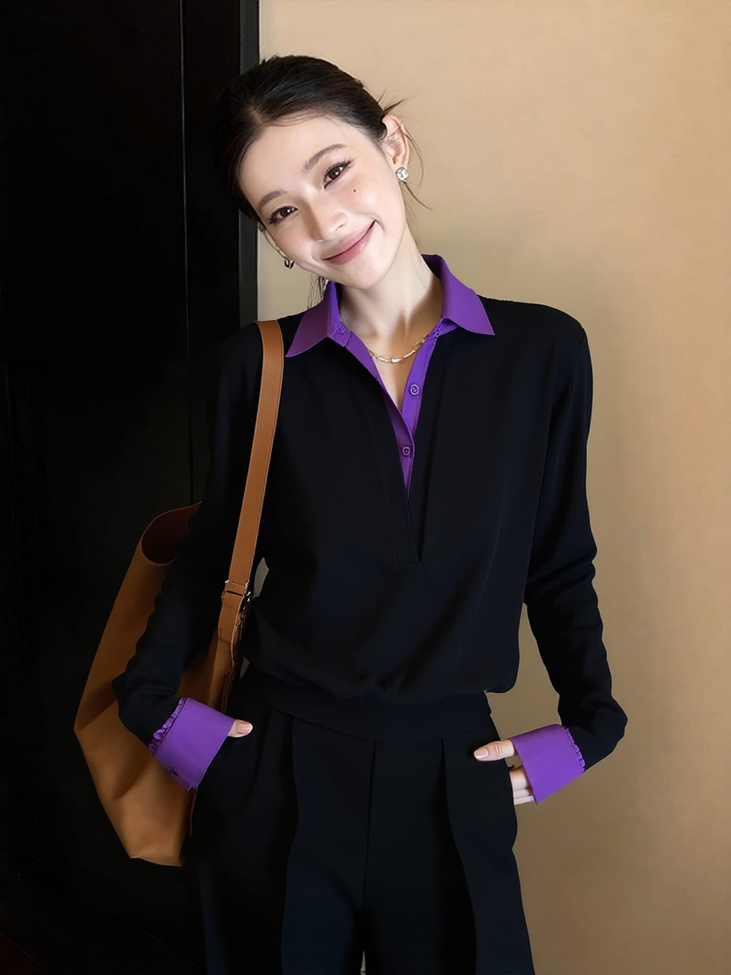 빛 요리 한 프랑스식 바람 페이크 레이어드 폴로 칼라 배색 셔츠 2026 새로운 작은 대중 검정색 패치워크 출퇴근 품격 맨위 이미지 3