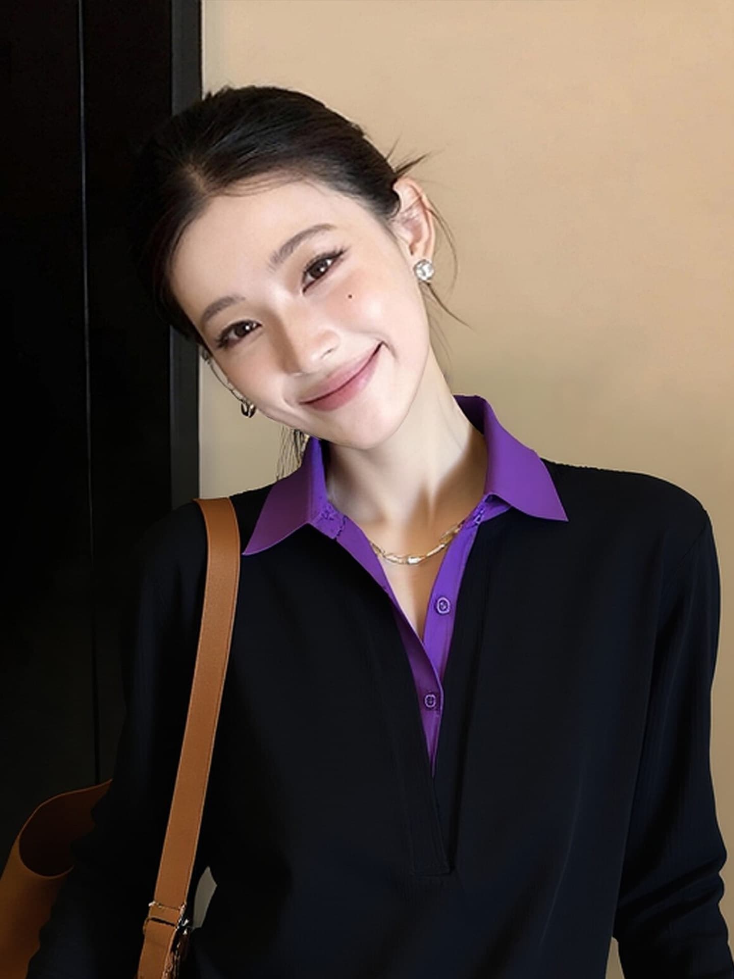 빛 요리 한 프랑스식 바람 페이크 레이어드 폴로 칼라 배색 셔츠 2026 새로운 작은 대중 검정색 패치워크 출퇴근 품격 맨위 이미지 4